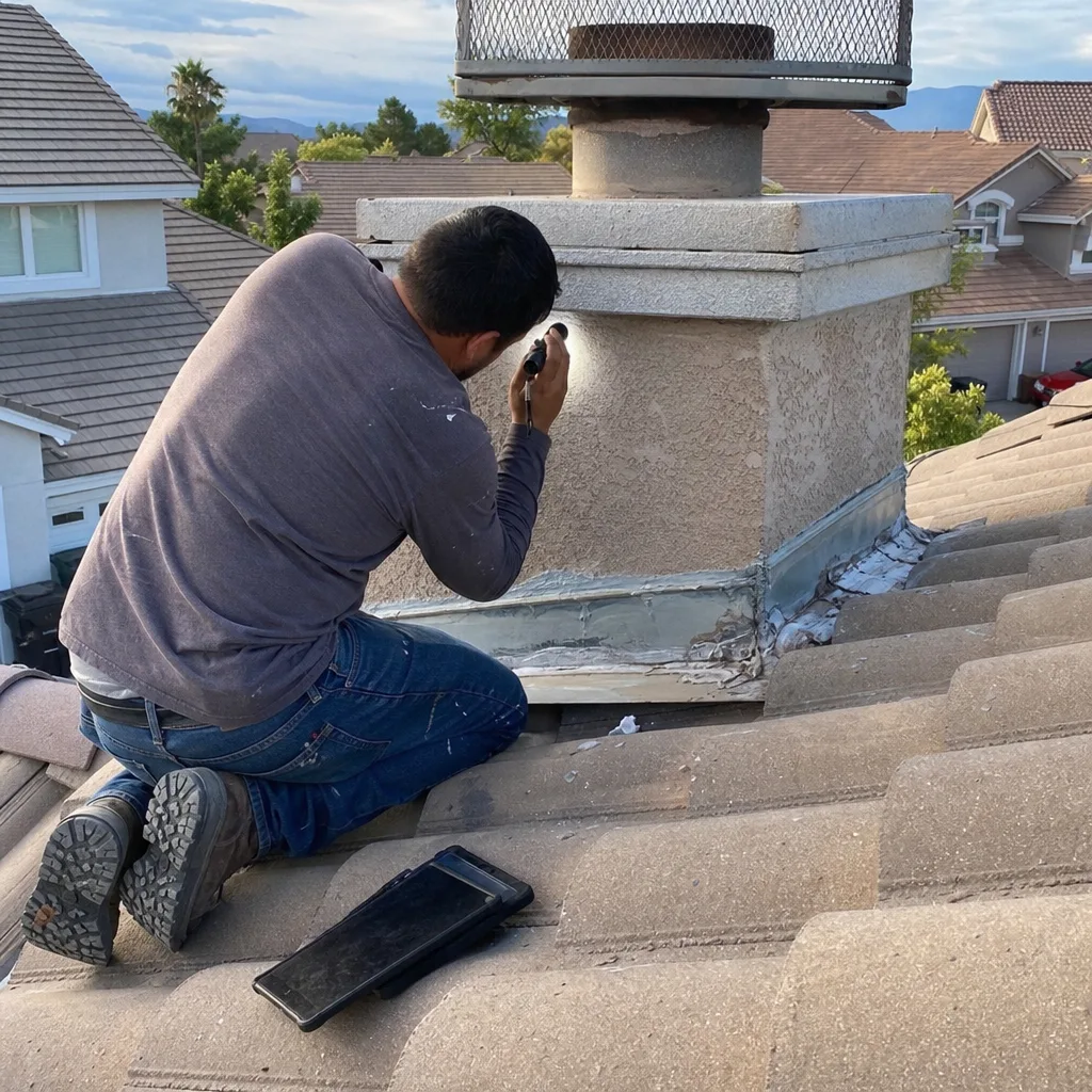 Technician performing a professional residential chimney inspection on a roof.