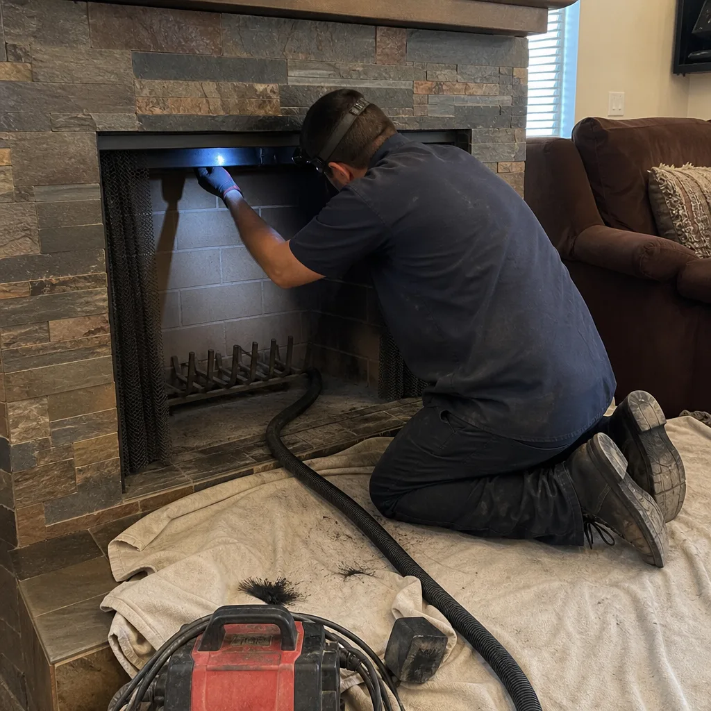 Technician performing a professional fireplace inspection and chimney cleaning service.