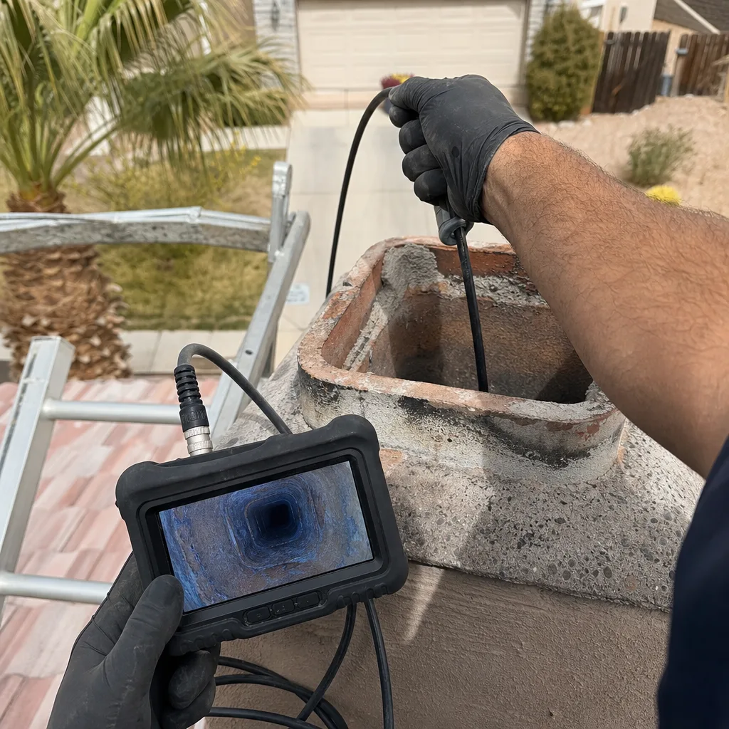 Technician using a chimney inspection camera to examine a fireplace flue