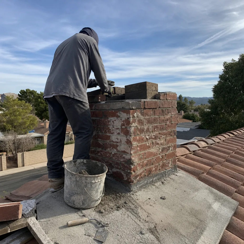 Professional mason performing expert brick chimney repair work on a rooftop