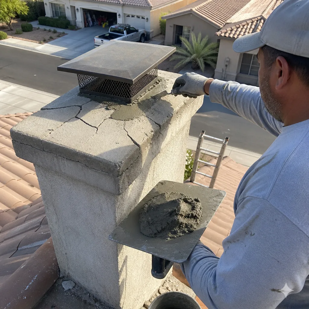Professional construction worker repairing cracks on a residential chimney cap